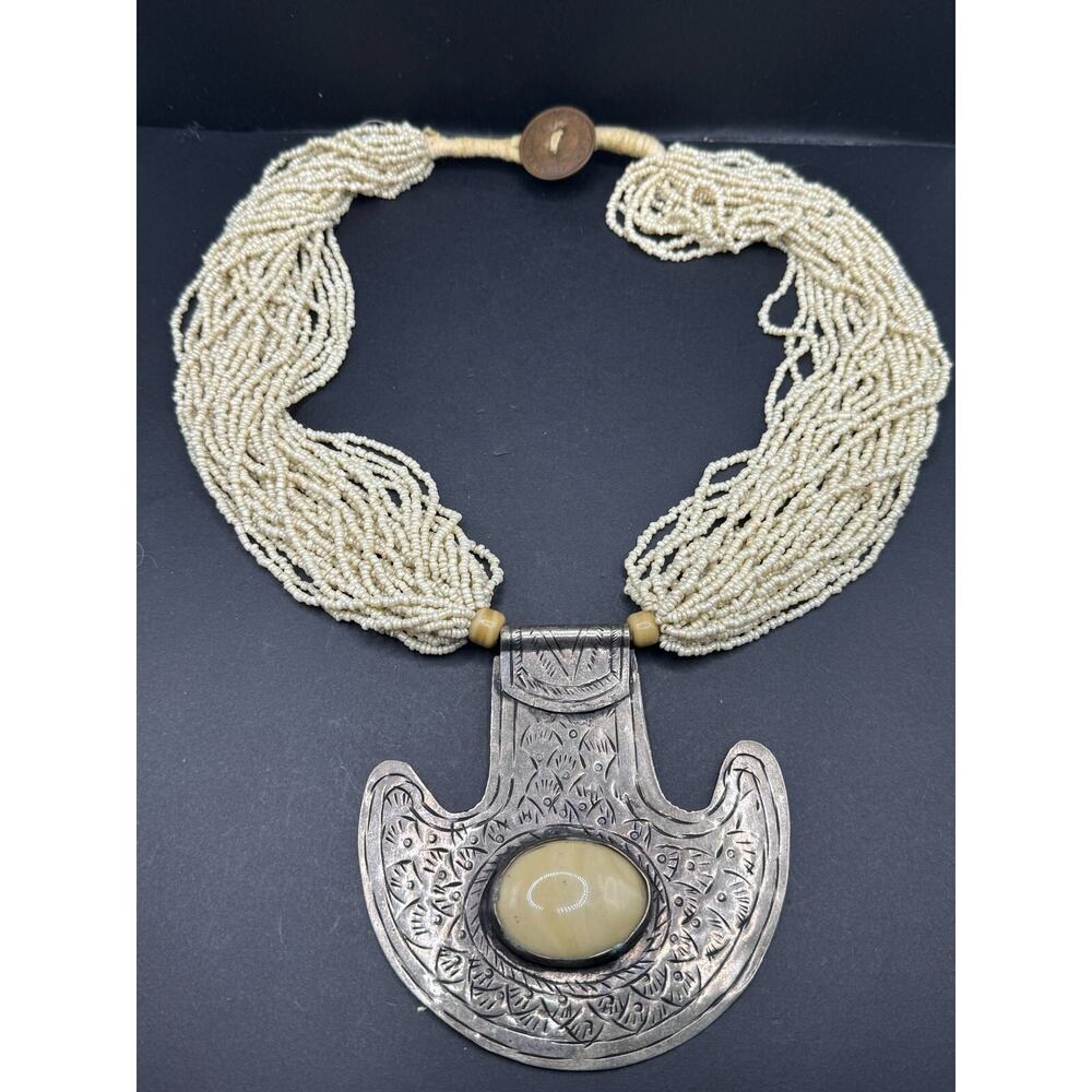 White Seed Bead MultiStrand Cluster Necklace Pearl Pendant Indian Coin Clasp